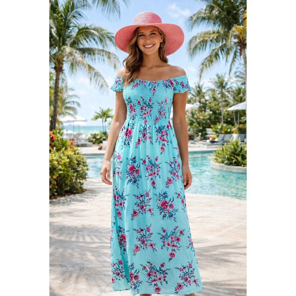 Resortwear Cottagecore Turquoise Floral Maxi Dress Island Cruise Party Size L